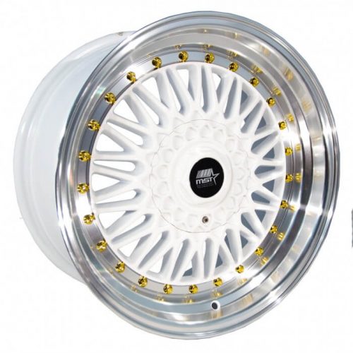 MST Tuner  MT13  White and Machined Lip with Gold Rivets  15x8  (+20)  4x100/4x114.3