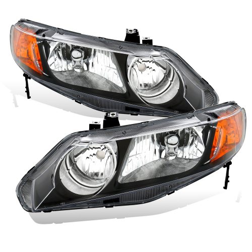 2006-2011 Replacement Headlight Pair For Honda Civic 4 Dr Sedan Black Housing